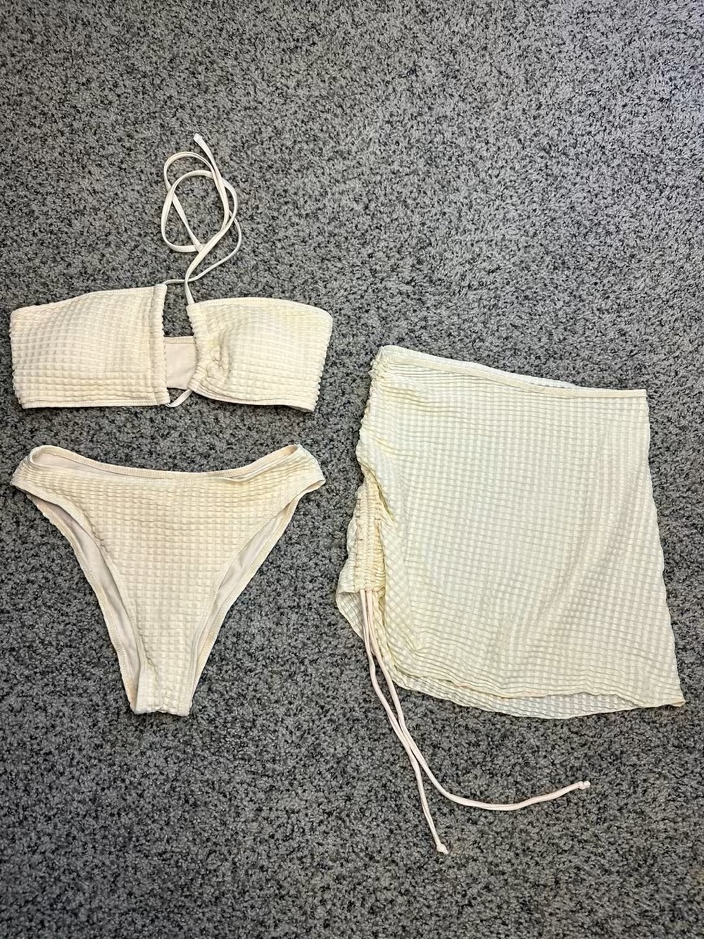SHEIN Cream Waffle-Knit Bikini Set with Skirt Cover-Up